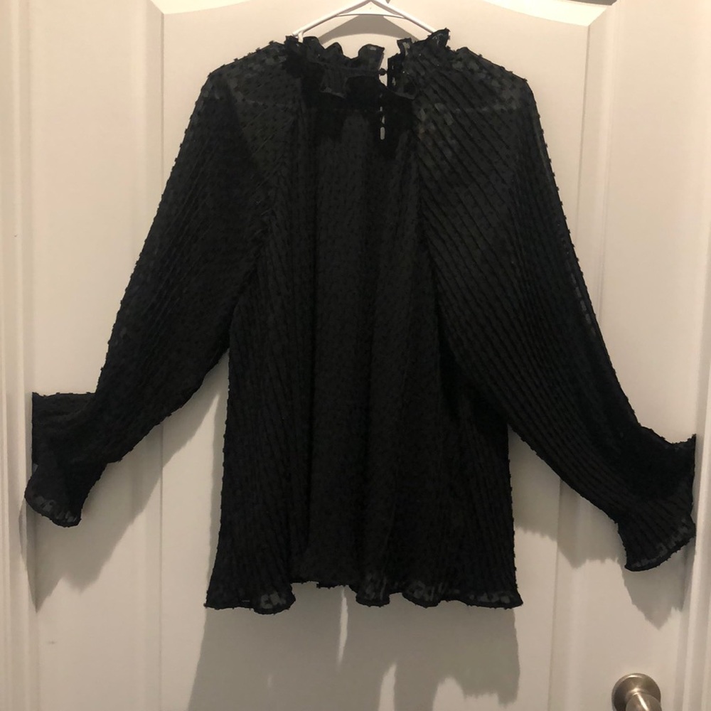 H & M black sheer polka dot ruffle neck long sleeve blouse, NWT, size me…